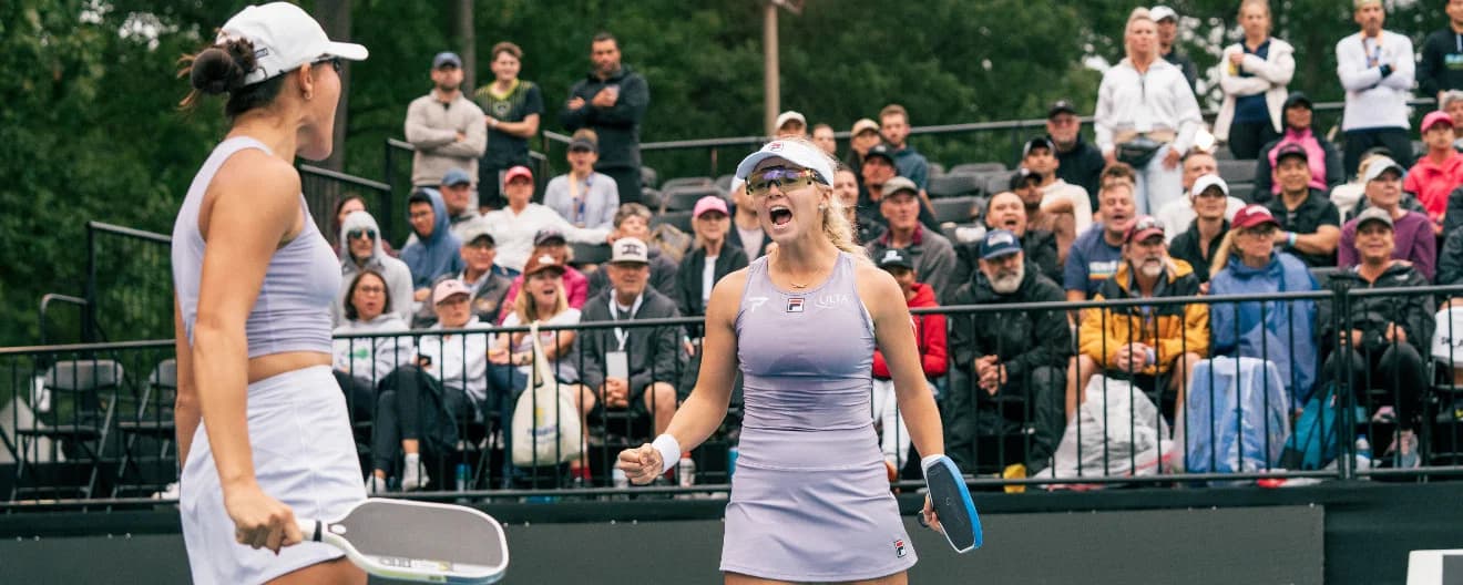 Anna Leigh Waters and Anna Bright celebrating a point duing the women's doubles final at the Fasenra Virginia Beach Cup presented by JOOLA.