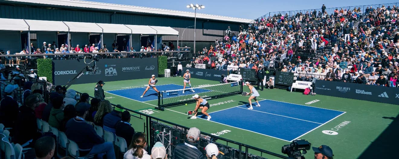 Catherine Parenteau, Parris Todd, Anna Leigh Waters, and Anna Bright competing in the women's doubles final atthe 2025 Pickleball World Championships in Dallas, TX.