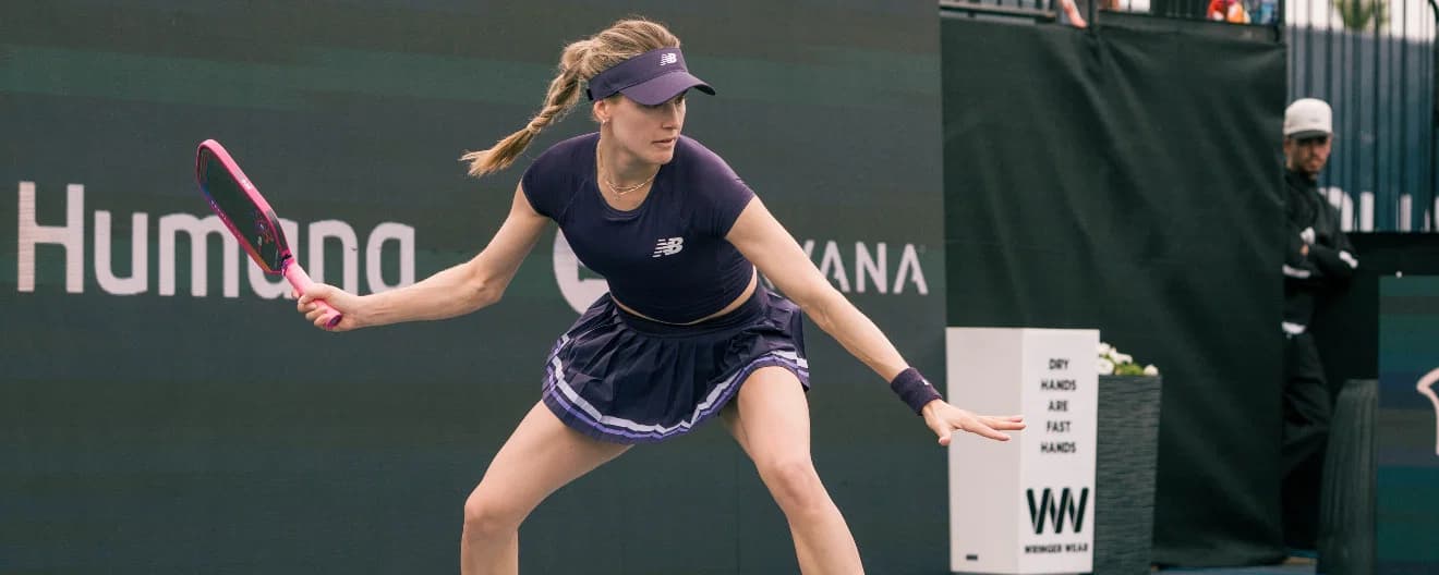 Genie Bouchard hitting a pickleball forehand.