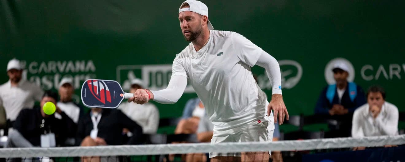 Jack Sock hitting a pickleball forehand at the PPA Masters in Rancho Mirage, CA.