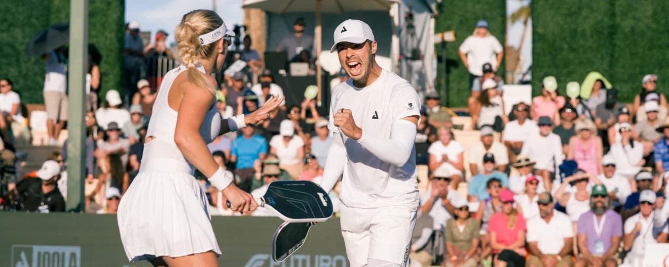Anna Leigh Waters and Ben Johns celebrating a point in the mixed doubles final of the PPA Masters in Rancho Mirage, CA.
