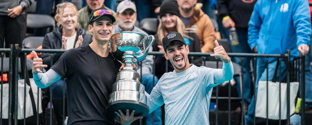 Elliott Schupp and Jaume Martinez Vich celebrating their men's doubles title in Virginia Beach.